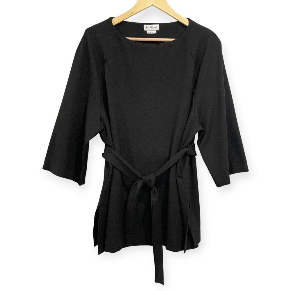 Seraphine Black Knit Maternity Tie Waist Tunic Top Size 8 Chic Career 3/4 Sleeve